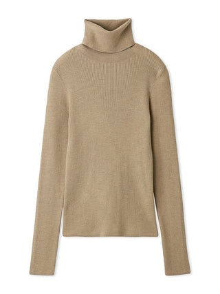 A beige ribbed knit turtleneck sweater displayed on a clean white background.