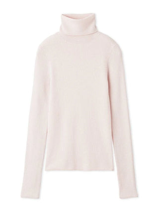 A pale blush pink ribbed knit turtleneck sweater displayed on a clean white background.