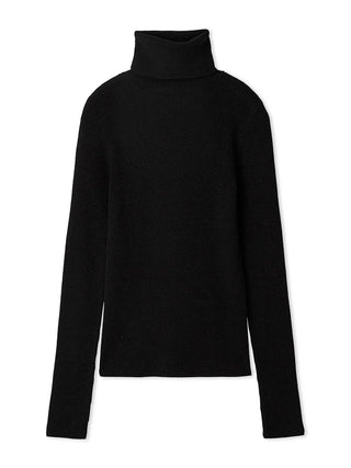 A black ribbed knit turtleneck sweater displayed on a clean white background.