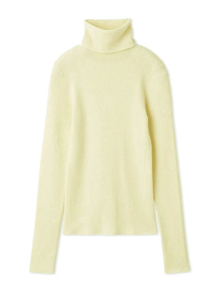 A pale yellow ribbed knit turtleneck sweater displayed on a clean white background.