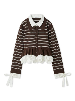 A women's long-sleeve button-front top in dark brown and white stripes, featuring a white pointed collar, a ruffled hem, and white tie details at the cuffs, shown on a plain white background.