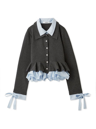 A dark gray knit cardigan featuring a light blue collar, ruffled hem, and matching light blue tie cuffs, displayed on a clean white background.