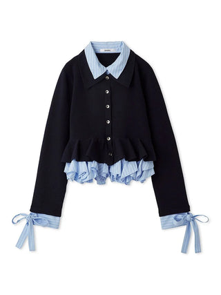 A black long-sleeve button-front cardigan featuring a light blue and white striped collar, ruffled hem, and matching striped cuffs with side bows, shown on a plain white background.