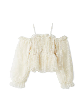 An off-the-shoulder cream lace top with long balloon sleeves and a ruffled smocked bodice, displayed against a plain white background.