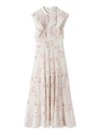 Sustainable Pleated Floral Maxi Dress in Pink Beige at Luxury Women's Dresses at SNIDEL USA