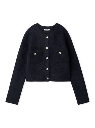 A cropped, long-sleeve knit cardigan in a very dark navy blue, featuring a button-up front with decorative gold-tone buttons and two front flap pockets with matching button details, shown on a plain white background.