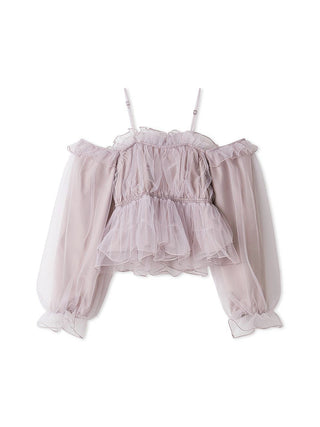 A pale pink cold-shoulder tulle top with long balloon sleeves, a ruffled smocked bodice, and thin shoulder straps, shown on a plain white background.
