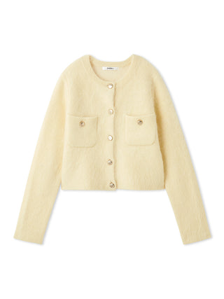 A pale yellow cropped cardigan jacket with long sleeves, two front flap pockets, and a button-up front, shown on a plain white background.