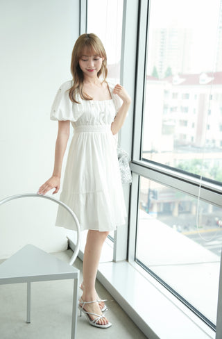 Smocked Puff Sleeve Midi Dress in White at Luxury Women's Dresses at SNIDEL USA