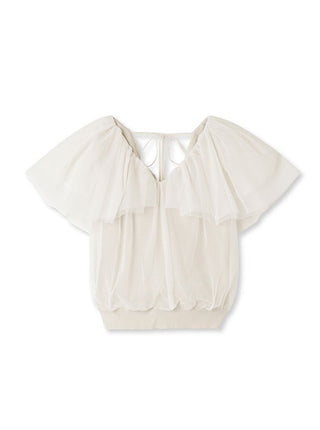 Sheer Tulle Layered Knit Tops in white, premium, fashionable, and trendy women's tops at SNIDEL USA