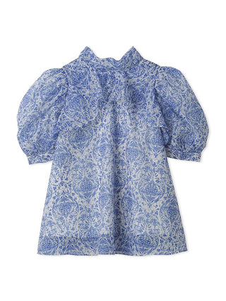  Print Organza Puff Sleeve Turtle Neck Blouse in blue, A Premium, Fashionable, and Trendy Women's Tops at SNIDEL USA