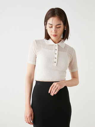  Sheer Cropped Polo Shirt in white, premium, fashionable, and trendy women's tops at SNIDEL USA