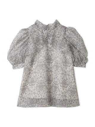  Print Organza Puff Sleeve Turtle Neck Blouse in gray beige, A Premium, Fashionable, and Trendy Women's Tops at SNIDEL USA