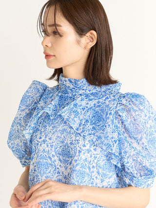  Print Organza Puff Sleeve Turtle Neck Blouse in blue, A Premium, Fashionable, and Trendy Women's Tops at SNIDEL USA