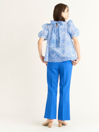  High Waist Flared Slacks in Blue, Knit Flared Pants Premium Fashionable Women's Pants at SNIDEL USA