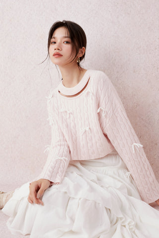 Aran Cropped Knit Top in Pink, Premium Fashionable Women's Tops Collection at SNIDEL USA