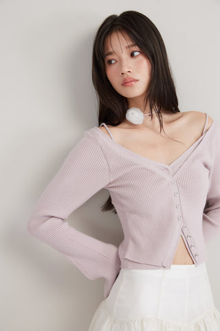 V-Neck Ribbed Knit Crop Top in Pink, Premium Fashionable Women's Tops Collection at SNIDEL USA