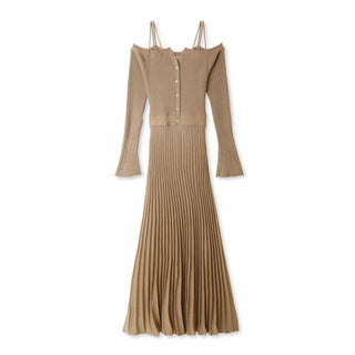 Periwinkle Pleated Maxi Dress with Delicate Straps in beige, Luxury Women's Dresses at SNIDEL USA.