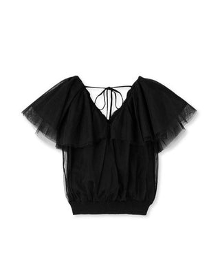 Sheer Tulle Layered Knit Tops in black, premium, fashionable, and trendy women's tops at SNIDEL USA