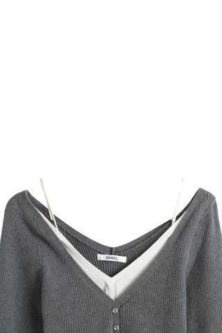 V-Neck Ribbed Knit Crop Top in Gray, Premium Fashionable Women's Tops Collection at SNIDEL USA