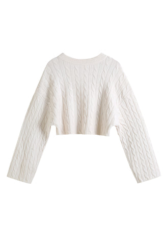 Aran Cropped Knit Top in White, Premium Fashionable Women's Tops Collection at SNIDEL USA