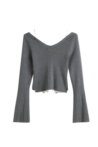 V-Neck Ribbed Knit Crop Top in Gray, Premium Fashionable Women's Tops Collection at SNIDEL USA