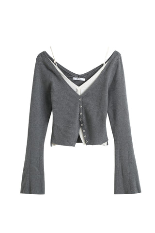 V-Neck Ribbed Knit Crop Top in Gray, Premium Fashionable Women's Tops Collection at SNIDEL USA