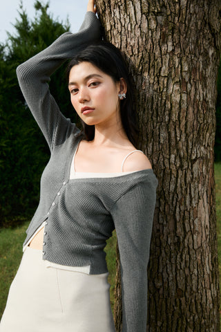 V-Neck Ribbed Knit Crop Top in Gray, Premium Fashionable Women's Tops Collection at SNIDEL USA