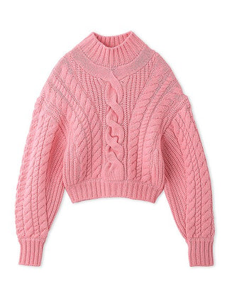  Semi Cropped Cable Knit Pullover in pink, Premium Fashionable Women's Tops Collection at SNIDEL USA
