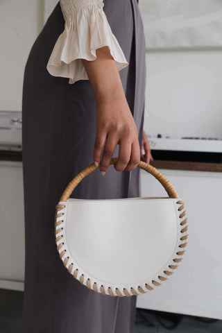 Leather Round Hand Bag in white, Luxury Collection of Fashionable & Trendy Women's Bags at SNIDEL USA