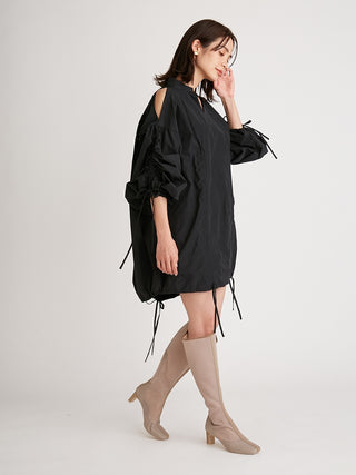  Sleeve Drost Mini Dress in black, Premium Fashionable Women's Tops Collection at SNIDEL USA