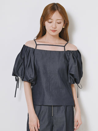  Sustainable 2 Way Puffed Sleeve Blouse in indigo, Premium Fashionable Women's Tops Collection at SNIDEL USA