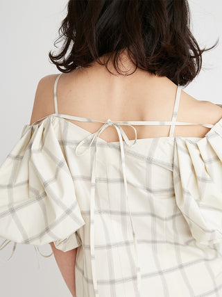  Sustainable 2 Way Puffed Sleeve Blouse in check, Premium Fashionable Women's Tops Collection at SNIDEL USA