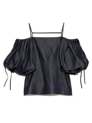  Sustainable 2 Way Puffed Sleeve Blouse in indigo, Premium Fashionable Women's Tops Collection at SNIDEL USA