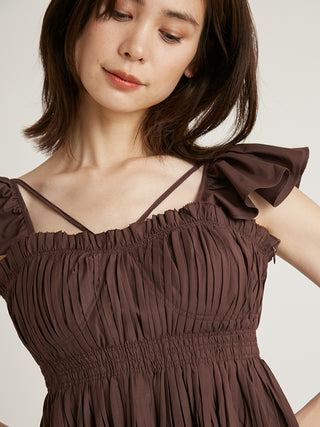  Sustainable Frilled Smocked Top in brown, Premium Fashionable Women's Tops Collection at SNIDEL USA