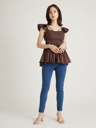  Sustainable Frilled Smocked Top in brown, Premium Fashionable Women's Tops Collection at SNIDEL USA
