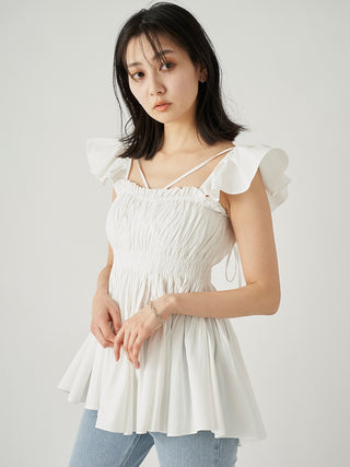  Sustainable Frilled Smocked Top in white, Premium Fashionable Women's Tops Collection at SNIDEL USA