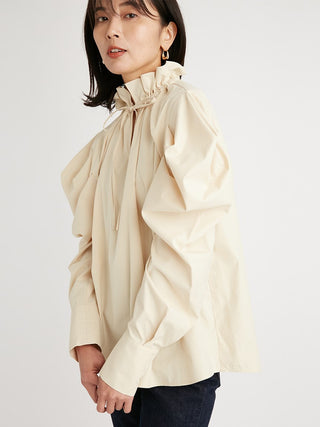  Frilled Puff Sleeve Collar Long Sleeve Blouse in light beige, Premium Fashionable Women's Tops Collection at SNIDEL USA