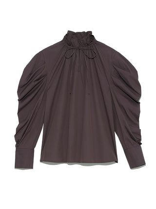  Frilled Puff Sleeve Collar Long Sleeve Blouse in dark brown, Premium Fashionable Women's Tops Collection at SNIDEL USA