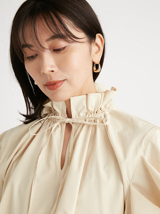  Frilled Puff Sleeve Collar Long Sleeve Blouse in light beige, Premium Fashionable Women's Tops Collection at SNIDEL USA