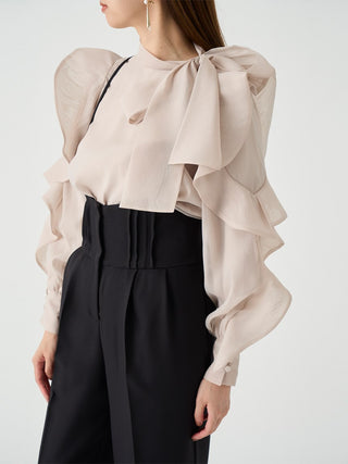Sustainable Organza Ruffle See-Through Blouse in off-white, Premium Fashionable Women's Tops Collection at SNIDEL USA