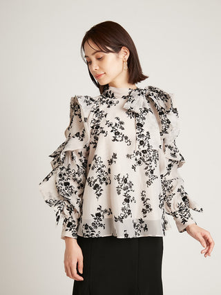  Sustainable Organza Ruffle Sheer Blouse in black, Premium Fashionable Women's Tops Collection at SNIDEL USA