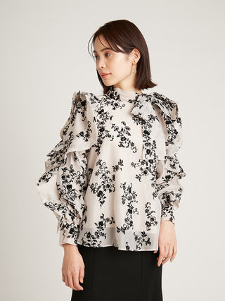  Sustainable Organza Ruffle Sheer Blouse in black, Premium Fashionable Women's Tops Collection at SNIDEL USA