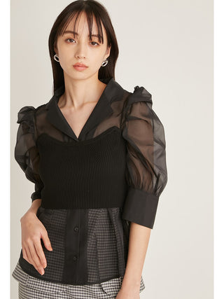 Sustainable Knit Cami and Sheer Organza Blouse in black, Premium Fashionable Women's Tops Collection at SNIDEL USA