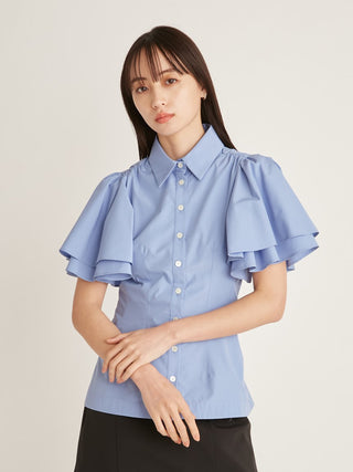  Double Sleeve Pleated Blouse in blue, Premium Fashionable Women's Tops Collection at SNIDEL USA