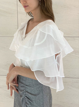  Tiered Ruffles Crop Blouse in white, Premium Fashionable Women's Tops Collection at SNIDEL USA