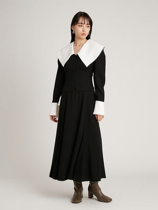  Big Collar Smocked Dress in black, premium women's dress at SNIDEL USA