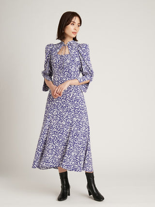 Sustainable Decollete Puff Sleeve Maxi Dress in blue, premium women's dress at SNIDEL USA