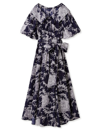 Volume Sleeve Floral Print Shirt Dress in navy, premium women's dress at SNIDEL USA