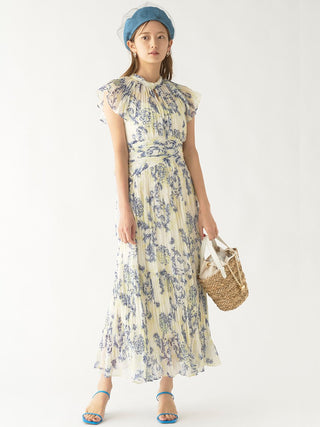 Pleated Ornament Floral Dress in blue, premium women's dress at SNIDEL USA